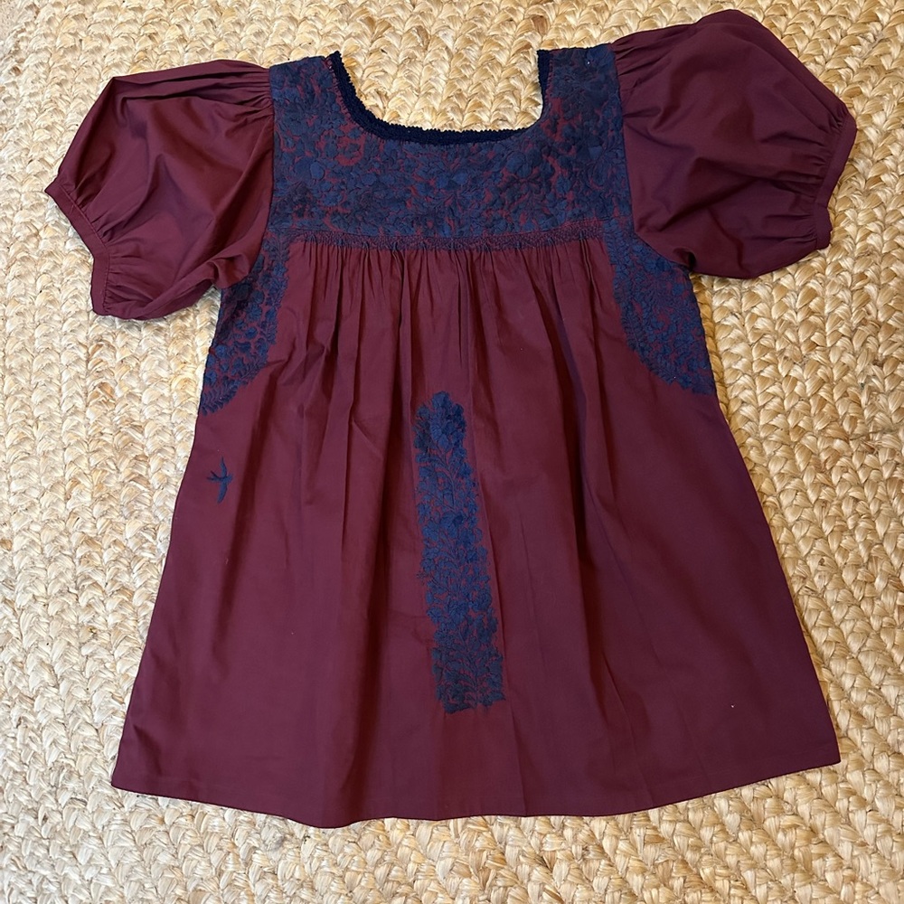 Mi Golondrina Carolina top. Burgundy with navy embroidery.